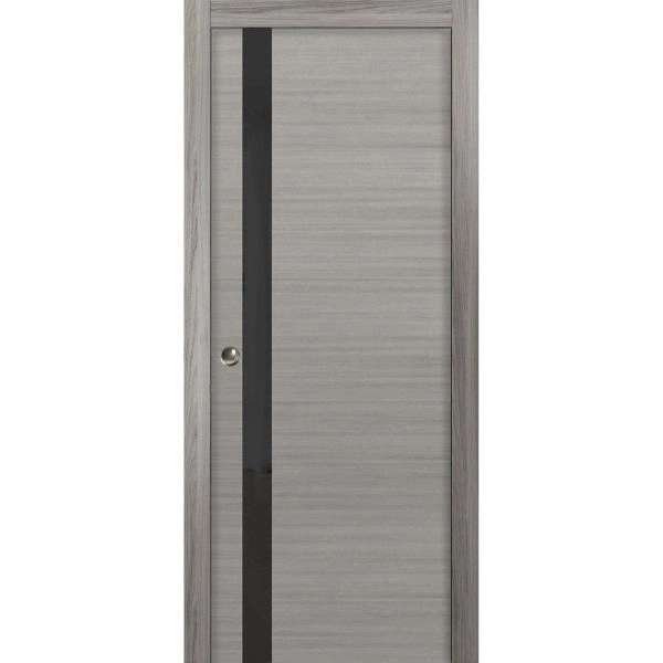Sliding French Pocket Door | Planum 0040 Grey Oak with Black Glass | Kit Trims Rail Hardware | Solid Wood Interior Bedroom Sturdy Doors