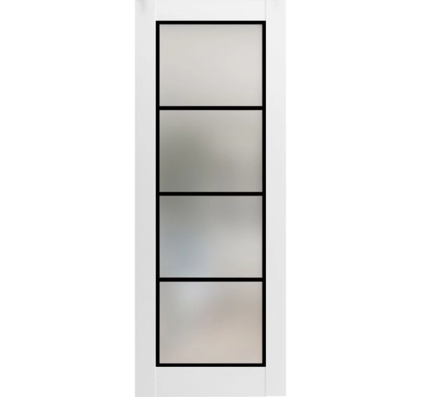 Slab Barn Door Panel Lite | Planum 2132 White Silk with Frosted Glass and Aluminum Strips | Wood Solid Panel Frame Trims | Closet Bedroom Sturdy Doors