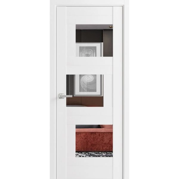 Solid French Door Opaque Glass / Sete 6999 White Silk with Mirror / Single Regular Panel Frame Handle / Bathroom Bedroom Modern Doors -42" x 84"