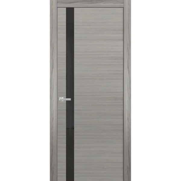 Solid Interior French | Planum 0040 Grey Oak with Black Glass| Single Regular Panel Frame Trims Handle | Bathroom Bedroom Sturdy Doors 