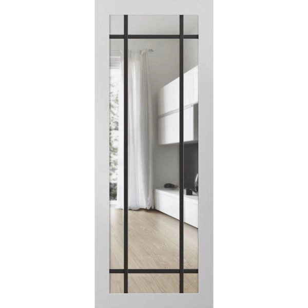 Slab Barn Door Panel Lite | Lucia 2266 White Silk with Clear Glass and Aluminum Strips | Sturdy Finished Modern Doors | Pocket Closet Sliding