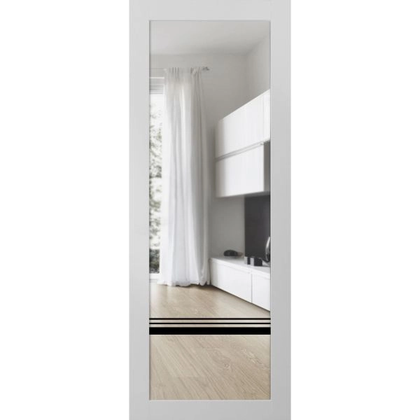 Slab Barn Door Panel Lite | Lucia 2666 White Silk with Clear Glass and Aluminum Strips | Sturdy Finished Modern Doors | Pocket Closet Sliding