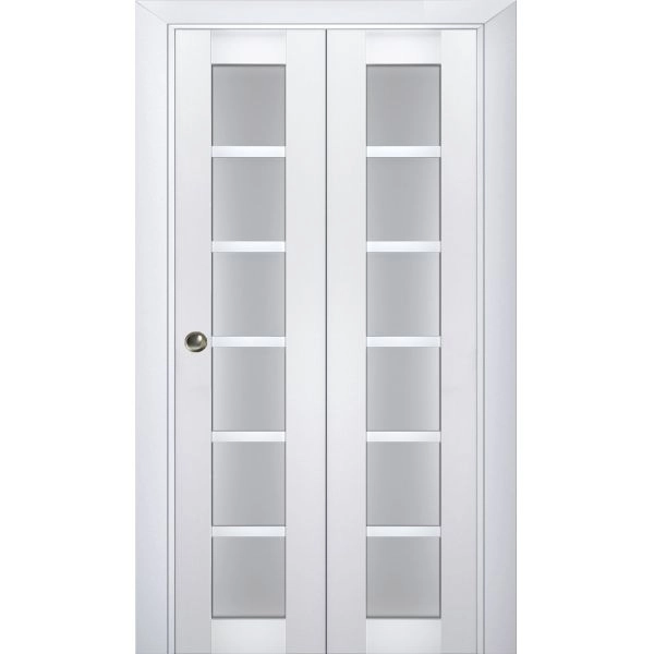 Sliding Closet Bi-fold Doors | Veregio 7602 White Silk with Frosted Glass | Sturdy Tracks Moldings Trims Hardware Set | Wood Solid Bedroom Wardrobe Doors