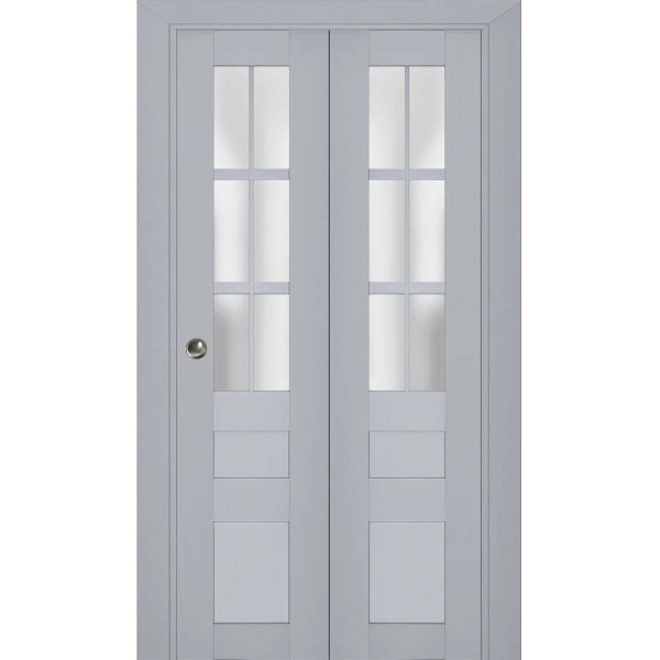 Sliding Closet Bi-fold Doors | Veregio 7339 Matte Grey with Frosted Glass | Sturdy Tracks Moldings Trims Hardware Set | Wood Solid Bedroom Wardrobe Doors
