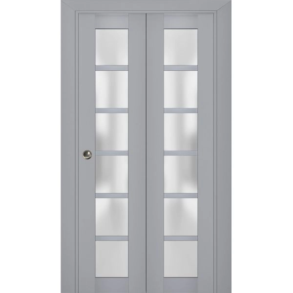 Sliding Closet Bi-fold Doors | Veregio 7602 Matte Grey with Frosted Glass | Sturdy Tracks Moldings Trims Hardware Set | Wood Solid Bedroom Wardrobe Doors