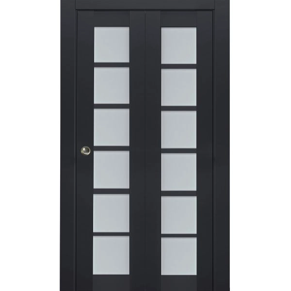 Sliding Closet Bi-fold Doors | Veregio 7602 Antracite with Frosted Glass | Sturdy Tracks Moldings Trims Hardware Set | Wood Solid Bedroom Wardrobe Doors