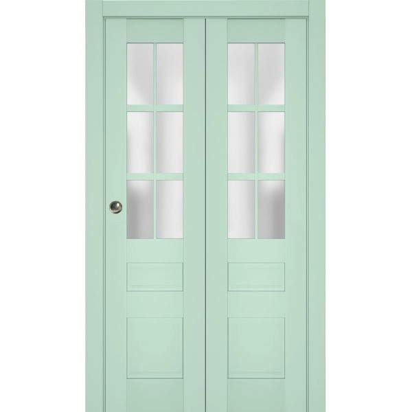Sliding Closet Bi-fold Doors | Veregio 7339 Oliva with Frosted Glass | Sturdy Tracks Moldings Trims Hardware Set | Wood Solid Bedroom Wardrobe Doors