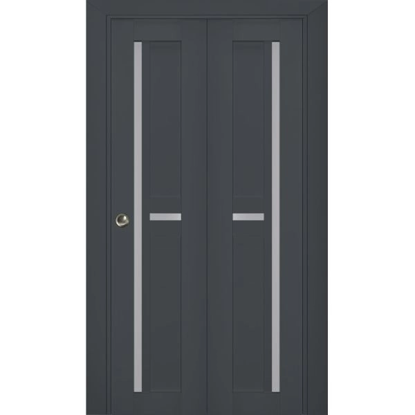 Sliding Closet Bi-fold Doors | Veregio 7288 Antracite with Frosted Glass | Sturdy Tracks Moldings Trims Hardware Set | Wood Solid Bedroom Wardrobe Doors 