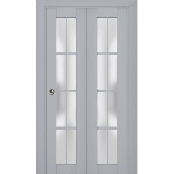 Sliding Closet Bi-fold Doors | Veregio 7412 Matte Grey with Frosted Glass | Sturdy Tracks Moldings Trims Hardware Set | Wood Solid Bedroom Wardrobe Doors