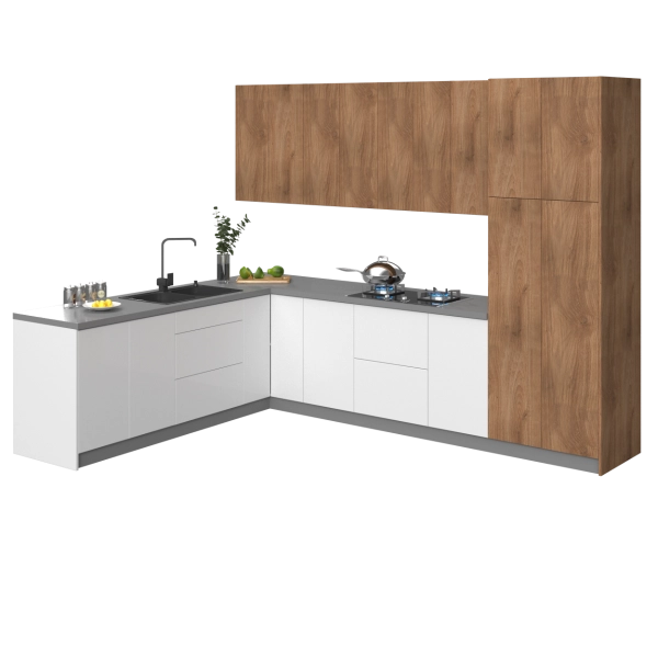 Kitchen Harmony Collection White Gloss & Natural Teak Color Base Size 8x10Ft Wide