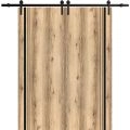 Sliding Double Barn Doors with Hardware | Planum 0011 Natural Veneer and Aluminum Strips | 13FT Rail Hangers Sturdy Set | Modern Solid Panel Interior Hall Bedroom Bathroom Door Oak