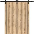 Sliding Double Barn Doors with Hardware | Planum 0016 Matte Grey and Aluminum Strips | 13FT Rail Hangers Sturdy Set | Modern Solid Panel Interior Hall Bedroom Bathroom Door Oak