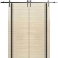 Sliding Double Barn Doors with Hardware | Planum 0011 Matte Grey and Aluminum Strips | Silver 13FT Rail Hangers Sturdy Set | Modern Solid Panel Interior Hall Bedroom Bathroom Door Natural Veneer