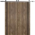 Sliding Double Barn Doors with Hardware | Planum 0011 Matte Grey and Aluminum Strips | Silver 13FT Rail Hangers Sturdy Set | Modern Solid Panel Interior Hall Bedroom Bathroom Door Walnut