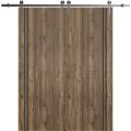 Sliding Double Barn Doors with Hardware | Planum 0016 Matte Grey and Aluminum Strips | 13FT Rail Hangers Sturdy Set | Modern Solid Panel Interior Hall Bedroom Bathroom Door-84" x 84" (2* 42x96) Walnut