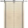 Sliding Double Barn Doors with Hardware | Planum 0016 Matte Grey and Aluminum Strips | 13FT Rail Hangers Sturdy Set | Modern Solid Panel Interior Hall Bedroom Bathroom Door-84" x 84" (2* 42x96) Natural Veneer