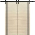 Sliding Double Barn Doors with Hardware | Planum 0011 Natural Veneer and Aluminum Strips | 13FT Rail Hangers Sturdy Set | Modern Solid Panel Interior Hall Bedroom Bathroom Door Natural Veneer
