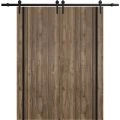 Sliding Double Barn Doors with Hardware | Planum 0011 Natural Veneer and Aluminum Strips | 13FT Rail Hangers Sturdy Set | Modern Solid Panel Interior Hall Bedroom Bathroom Door Walnut