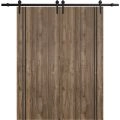 Sliding Double Barn Doors with Hardware | Planum 0016 Matte Grey and Aluminum Strips | 13FT Rail Hangers Sturdy Set | Modern Solid Panel Interior Hall Bedroom Bathroom Door Walnut
