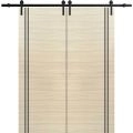Sliding Double Barn Doors with Hardware | Planum 0016 Matte Grey and Aluminum Strips | 13FT Rail Hangers Sturdy Set | Modern Solid Panel Interior Hall Bedroom Bathroom Door Natural Veneer