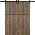 Sliding Double Barn Doors with Hardware | Planum 0014 Walnut and Aluminum Strips | 13FT Rail Hangers Sturdy Set | Modern Solid Panel Interior Hall Bedroom Bathroom Door-60" x 80" (2* 30x80) Walnut