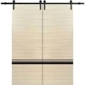Sturdy Double Barn Door with Hardware | Planum 0012 White Silk and Aluminum Strips | 13FT Rail Hangers Heavy Set | Modern Solid Panel Interior Doors Natural Veneer
