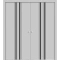 Sliding Closet Double Bi-fold Doors | Planum 0011 Matte Grey and Aluminum Strips | Sturdy Tracks Moldings Trims Hardware Set | Wood Solid Bedroom Wardrobe Doors Matte Grey