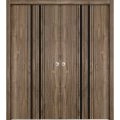 Sliding Closet Double Bi-fold Doors | Planum 0011 Matte Grey and Aluminum Strips | Sturdy Tracks Moldings Trims Hardware Set | Wood Solid Bedroom Wardrobe Doors Walnut