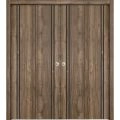 Sliding Closet Double Bi-fold Doors | Planum 0016 Concrete and Aluminum Strips | Sturdy Tracks Moldings Trims Hardware Set | Wood Solid Bedroom Wardrobe Doors Walnut