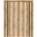Modern Double Pocket Doors | Planum 0011 Natural Veneer and Aluminum Strips | Kit Trims Rail Hardware | Solid Wood Interior Bedroom Sliding Closet Sturdy Door Oak