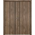 Modern Double Pocket Doors | Planum 0016 Concrete and Aluminum Strips | Kit Trims Rail Hardware | Solid Wood Interior Bedroom Sliding Closet Sturdy Door Walnut
