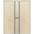 Modern Double Pocket Doors | Planum 0016 Concrete and Aluminum Strips | Kit Trims Rail Hardware | Solid Wood Interior Bedroom Sliding Closet Sturdy Door Natural Veneer