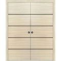 Modern Double Pocket Doors | Planum 0015 Matte Grey and Aluminum Strips | Kit Trims Rail Hardware | Solid Wood Interior Bedroom Sliding Closet Sturdy Door-36" x 96" (2* 18x96) Natural Veneer