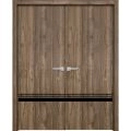 Solid French Double Doors | Planum 0012 Concrete and Aluminum Strips | Wood Solid Panel Frame Trims | Closet Bedroom Sturdy Doors -56" x 96" (2* 28x96) Walnut