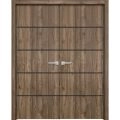 Solid French Double Doors | Planum 0015 Concrete and Aluminum Strips | Wood Solid Panel Frame Trims | Closet Bedroom Sturdy Doors -84" x 80" (2* 42x80) Walnut