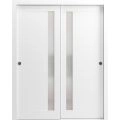 Sliding Closet Bypass Doors | Planum 0660 Painted White with Frosted Glass | Sturdy Rails Moldings Trims Hardware Set | Wood Solid Bedroom Wardrobe Doors Painted White