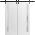 Sliding Double Barn Doors with Hardware | Planum 0660 Painted White with Frosted Glass | 13FT Rail Hangers Sturdy Set | Modern Solid Panel Interior Hall Bedroom Bathroom Door Painted White