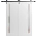 Sliding Double Barn Doors with Hardware | Planum 0660 Painted White with Frosted Glass | Silver 13FT Rail Hangers Sturdy Set | Modern Solid Panel Interior Hall Bedroom Bathroom Door ? United Porte Painted White