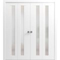 Sliding Closet Double Bi-fold Doors | Planum 0660 Painted White with Frosted Glass | Sturdy Tracks Moldings Trims Hardware Set | Wood Solid Bedroom Wardrobe Doors  Painted White