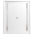 Modern Double Pocket Doors | Planum 0660 Painted White with Frosted Glass | Kit Trims Rail Hardware | Solid Wood Interior Bedroom Sliding Closet Sturdy Door Painted White