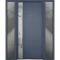 Front Exterior Prehung Steel Door / Deux 0729 Gray Graphite / 2 Sidelight Exterior Windows / Stainless Inserts Single Modern Painted-W14+36+14" x H80"-Right-hand Inswing Gray Graphite