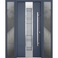 Front Exterior Prehung Steel Door / Deux 0757 Gray Graphite / 2 Sidelight Exterior Windows / Stainless Inserts Single Modern Painted-W12+36+12" x H96"-Left-hand Inswing Gray Graphite