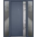 Front Exterior Prehung Steel Door / Deux 0729 Gray Graphite / 2 Sidelight Exterior Windows / Stainless Inserts Single Modern Painted-W12+36+12" x H80"-Left-hand Inswing Gray Graphite