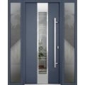 Front Exterior Prehung Steel Door / Deux 5755 Gray Graphite / 2 Sidelight Exterior Windows / Stainless Inserts Single Modern Painted-W16+36+16" x H96"-Left-hand Inswing Gray Graphite