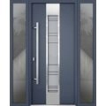 Front Exterior Prehung Steel Door / Deux 0757 Gray Graphite / 2 Sidelight Exterior Windows / Stainless Inserts Single Modern Painted-W14+36+14" x H96"-Right-hand Inswing Gray Graphite
