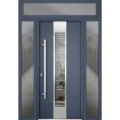 Front Exterior Prehung Steel Door / Deux 5755 Gray Graphite / 2 Sidelight and Transom Window / Stainless Inserts Single Modern Painted-W12+36+12" x H80+16"-Right-hand Inswing Gray Graphite