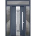 Front Exterior Prehung Steel Door / Deux 0757 Gray Graphite / 2 Sidelight and Transom Window / Stainless Inserts Single Modern Painted-W12+36+12" x H96+16"-Left-hand Inswing Gray Graphite