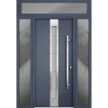 Front Exterior Prehung Steel Door / Deux 1717 Gray Graphite / 2 Sidelight and Transom Window / Stainless Inserts Single Modern Painted-W14+36+14" x H80+16"-Left-hand Inswing Gray Graphite