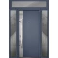 Front Exterior Prehung Steel Door / Deux 0729 Gray Graphite / 2 Sidelight and Transom Window / Stainless Inserts Single Modern Painted-W12+36+12" x H80+16"-Right-hand Inswing Gray Graphite