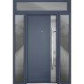 Front Exterior Prehung Steel Door / Deux 0729 Gray Graphite / 2 Sidelight and Transom Window / Stainless Inserts Single Modern Painted-W14+36+14" x H96+16"-Left-hand Inswing Gray Graphite